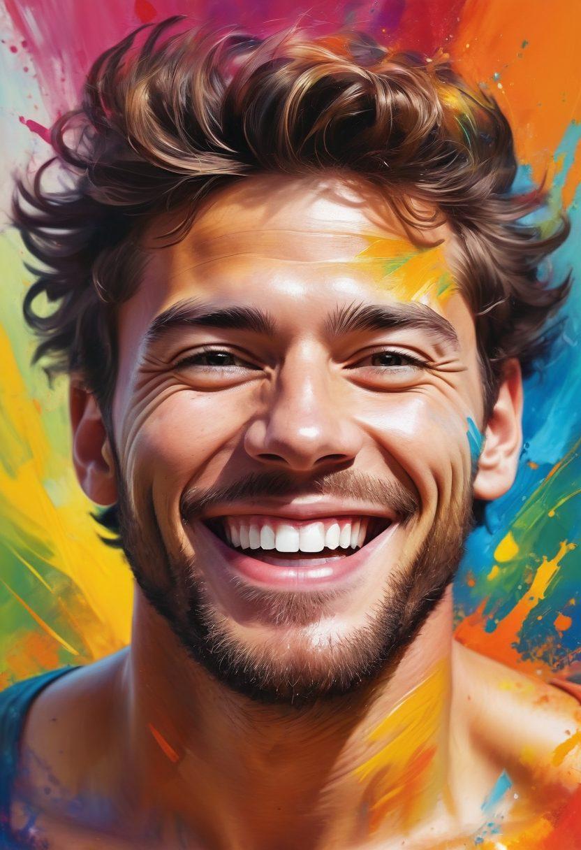 A dynamic portrait of a male figure, with a joyful expression that evolves from a realistic photograph on one side to an abstract, colorful rendition on the other. The transformation should feature vibrant colors splashing and swirling around, depicting emotions like happiness and creativity. Incorporate artistic brush strokes and textures to enhance the visual appeal. super-realistic. vibrant colors. abstract art.