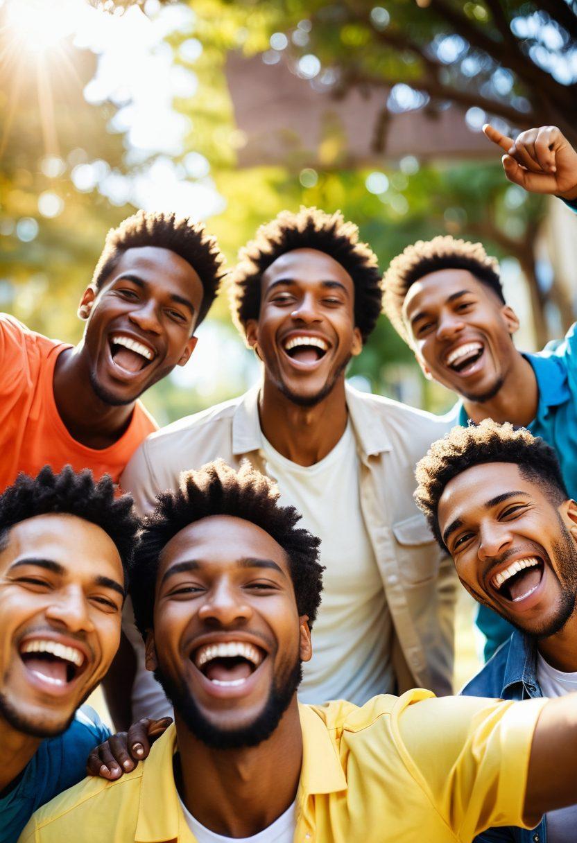 A group of diverse happy men engaged in various joyful activities, radiating positivity and enthusiasm. They are surrounded by vibrant colors, with a sunlit background that symbolizes optimism. Each man exhibits a unique expression of happiness, showcasing their individuality, while soft bokeh elements enhance the cheerful atmosphere. The overall composition should inspire feelings of joy and upliftment. super-realistic. vibrant colors. soft focus.
