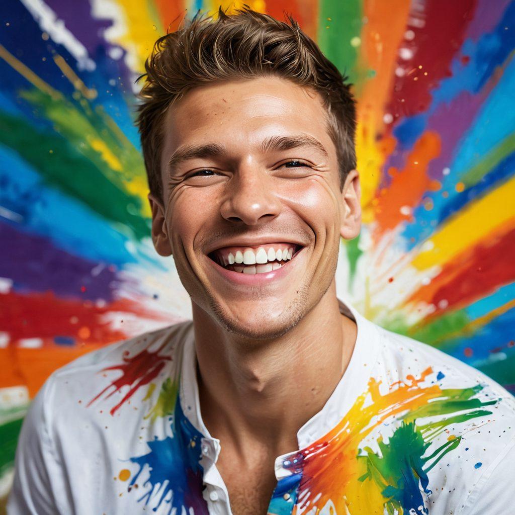 A vibrant studio scene featuring a joyful male portrait with a beaming smile, surrounded by splashes of bright colors symbolizing happiness, natural light streaming in to highlight his expressive features, and creative paintbrush strokes in the background representing the art of capturing joy. super-realistic. vibrant colors. soft focus.